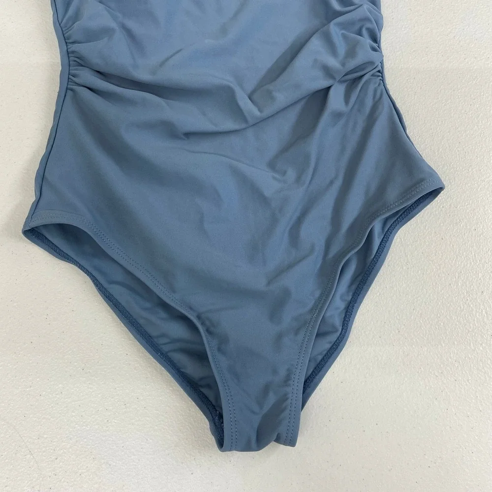 SHEIN girl's blue one shoulder ruched stretch one piece swim bathing suit modest